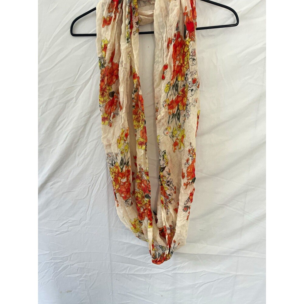 Women’s Floral Flower Infinity Scarf Cream with Orange Yellow Green Black